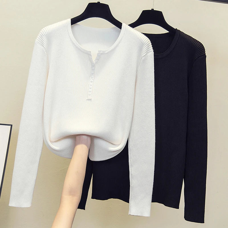 2026 Knitted Women Sweater Button V-neck Pullovers Autumn Basic Sweaters for Female Pullover Slim Solid Bold Stripes Tops