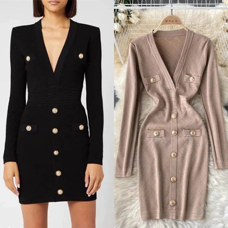Chic Fashion Sexy Wrap Hips Knitted Mini Dress Women Long Flare Sleeves Single-breasted Bodycon Party Dress Streetwear