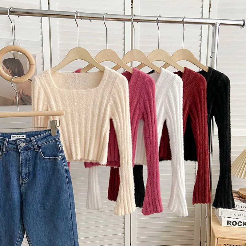 2026 New Autumn Women Square Collar Flare Sleeve Warm Knitted Sweaters Sweet All Match Solid Color Slim Short Pullover Tops