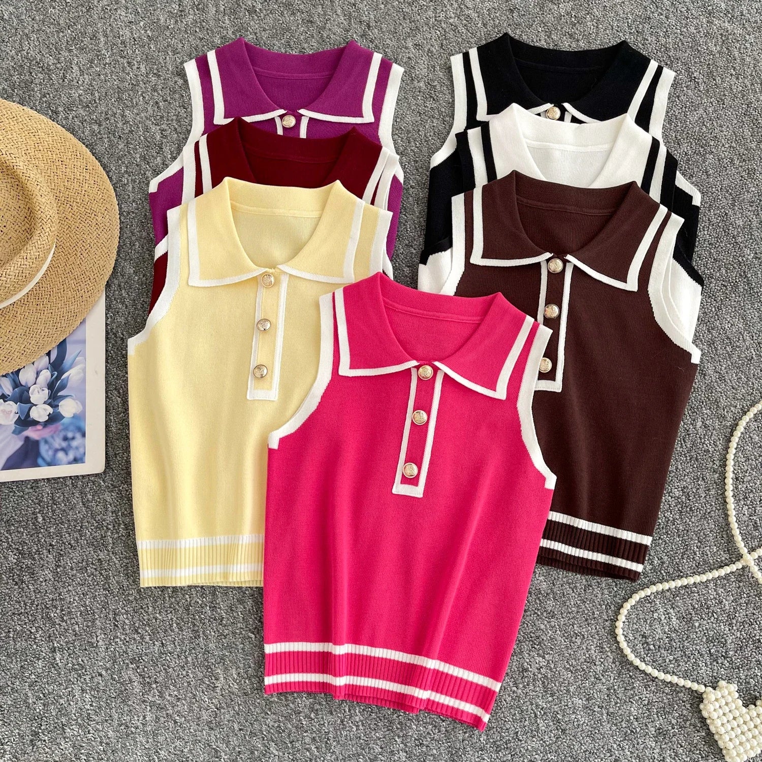 New Summer Casual Knitted Polo Shirt Sleeveless Buttons Design Striped Crop Tops Women Korean Style Streetwear Slim Tank Tops