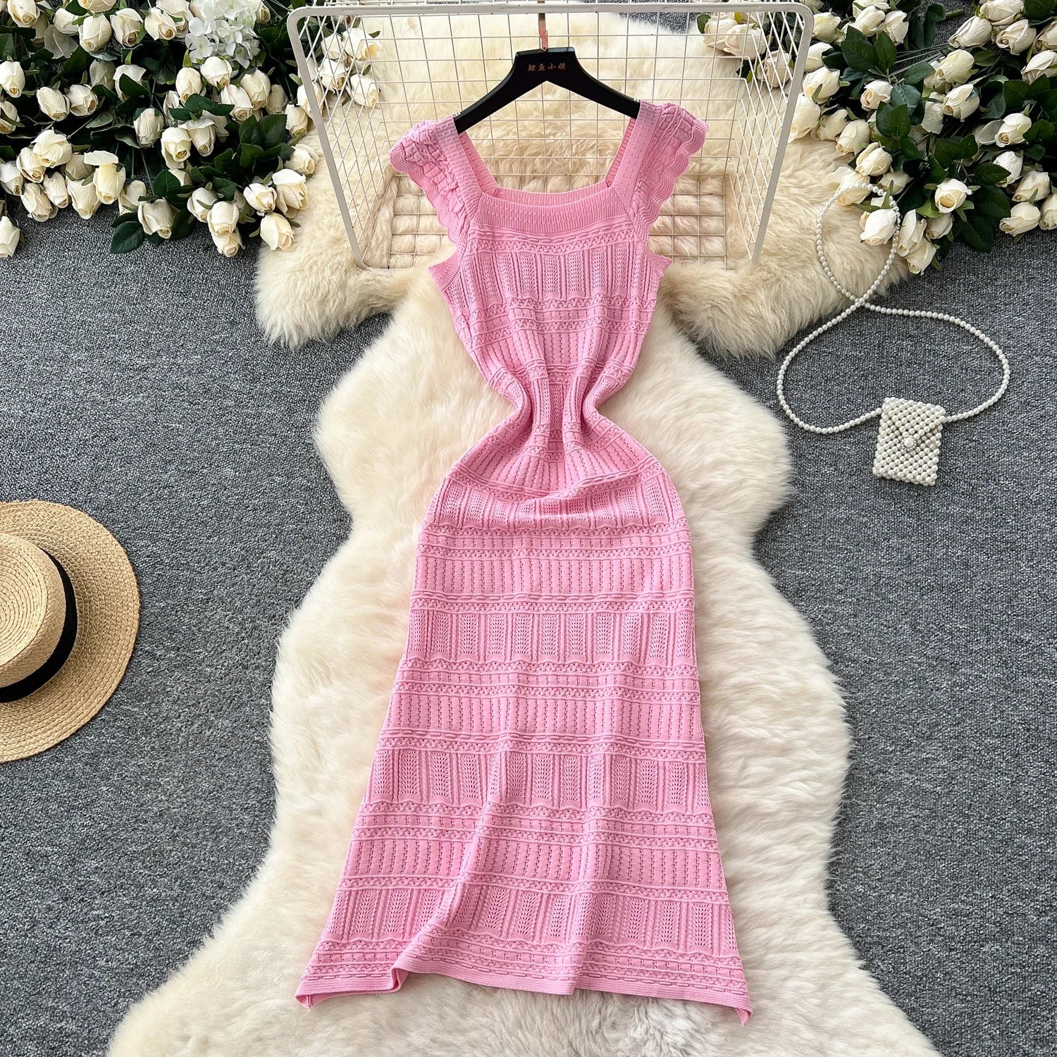 Bohemian Hollow Out Long Dress Women Ruffles Sweet Sheer Knitted Sundress 2025 Lace Up Elastic Bodycon Beach Dress