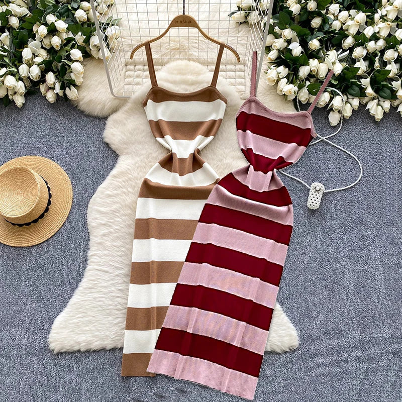 2025 Lady New Stripes Ins Fashion Sexy Package Hips Bodycon Dress  Summer Knitted Spaghetti Straps Outfits Maxi Long Women Dress