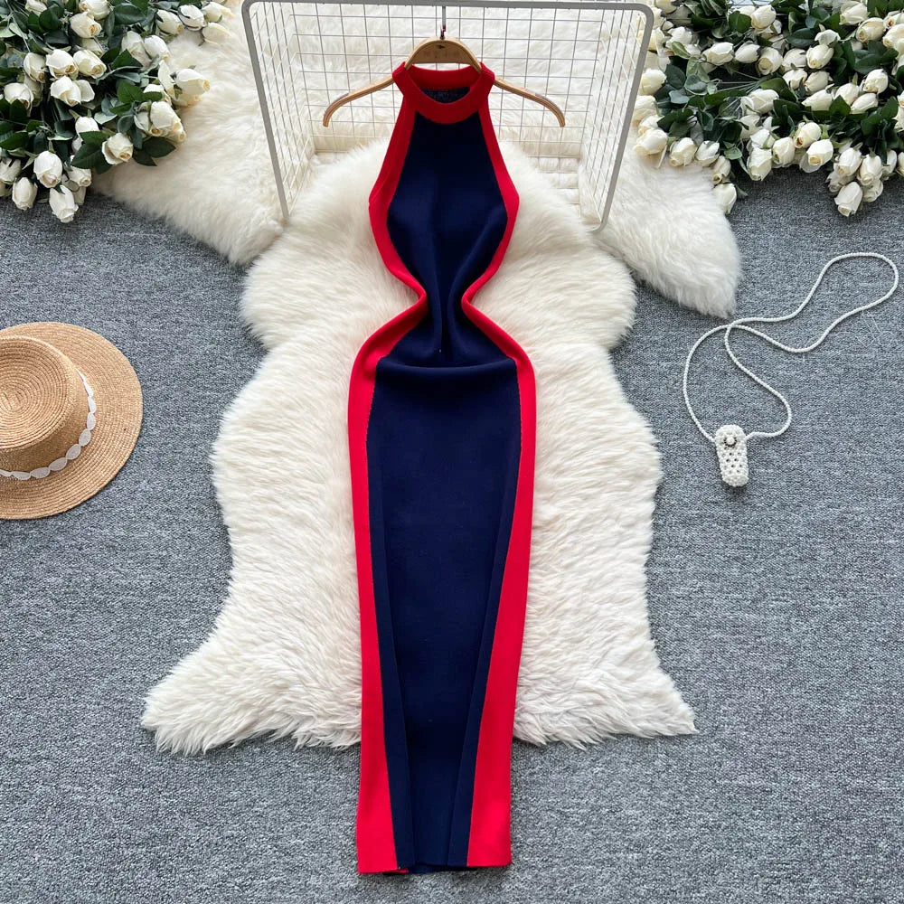 2025 New Summer Women Sexy Sleeveless Elastic Off shoulder Knitted Dress Hit Color Patchwork Slim Bodycon Halter Max Long Dress