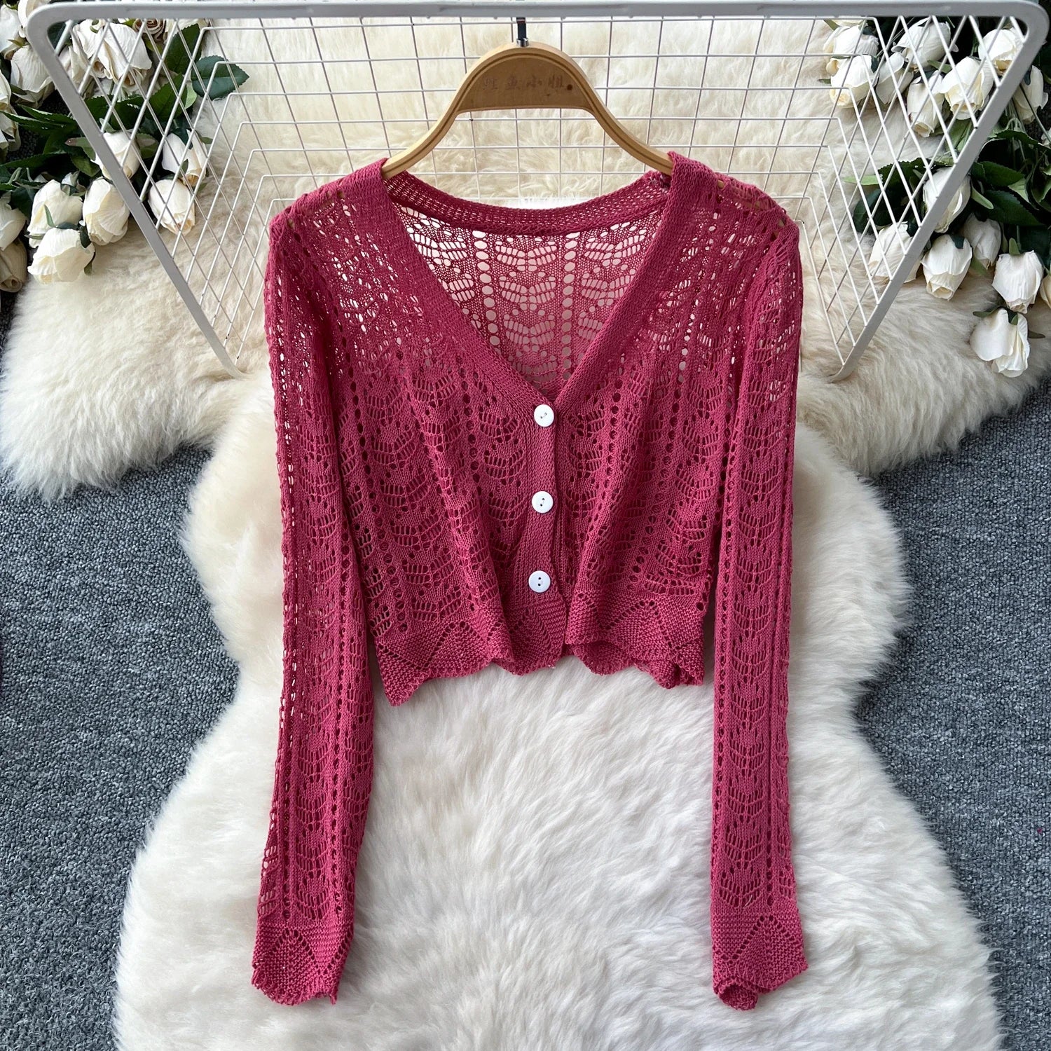 Hollow Knitted Cardigan Women's Solid Long Sleeve V Neck Short Sweater Top Summer 2025 New Female Crochet Casual Outwear