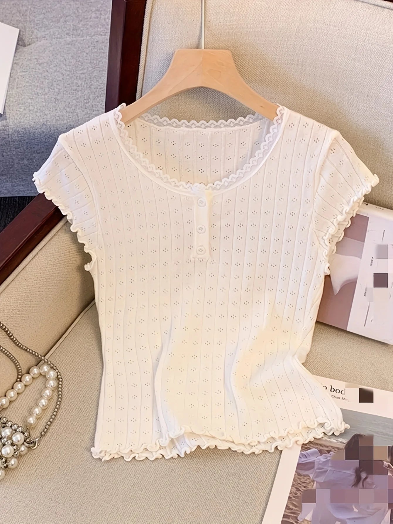 2025 New Summer Elegant Lace Trimmed Splicing Edge Knit Cropp Top Clothing For Women Spring Fashion Short Sleeve Sweater