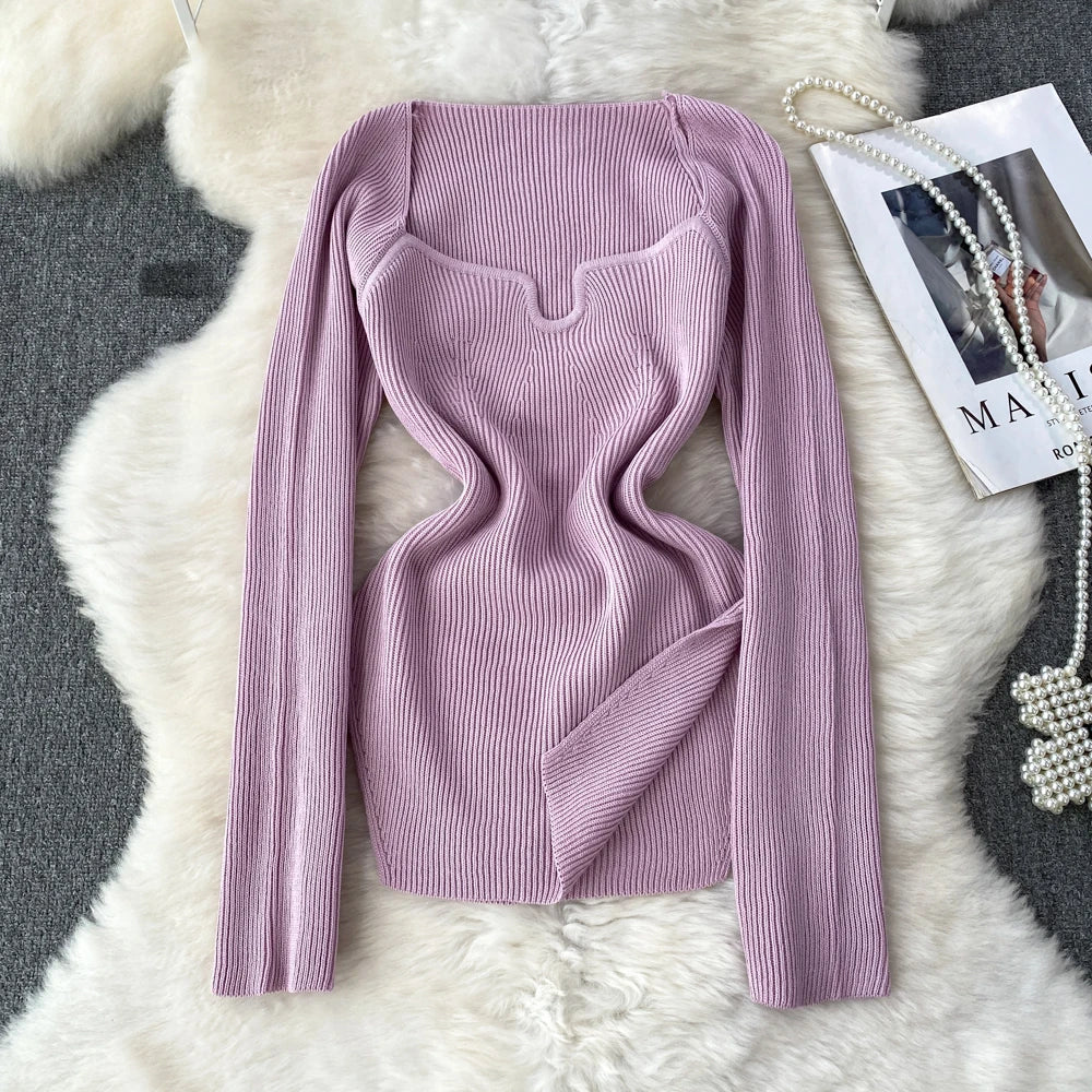 2026 New Autumn Women Fashion Sqaure Collar Long Sleeve Knitted Pullover Solid Color Multi Color Elastic Pullover Tops Sweater