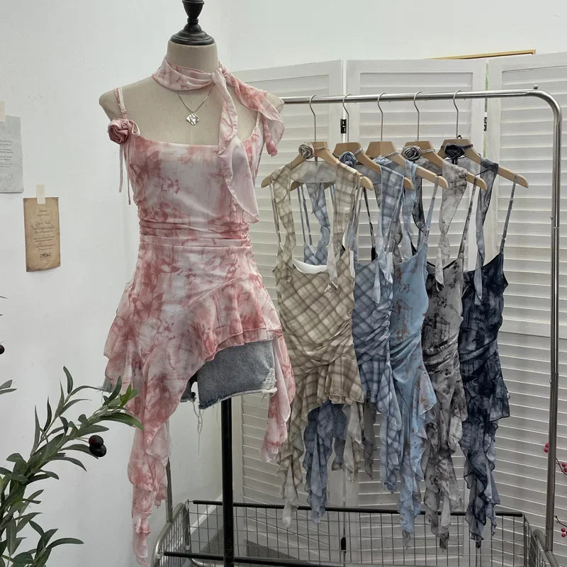 New Women's Vintage Tie-dye Printed Mesh Spaghetti Strap Camisole Hot Girl Irregular Ruffled Ribbon Sleeveless Top Party Club