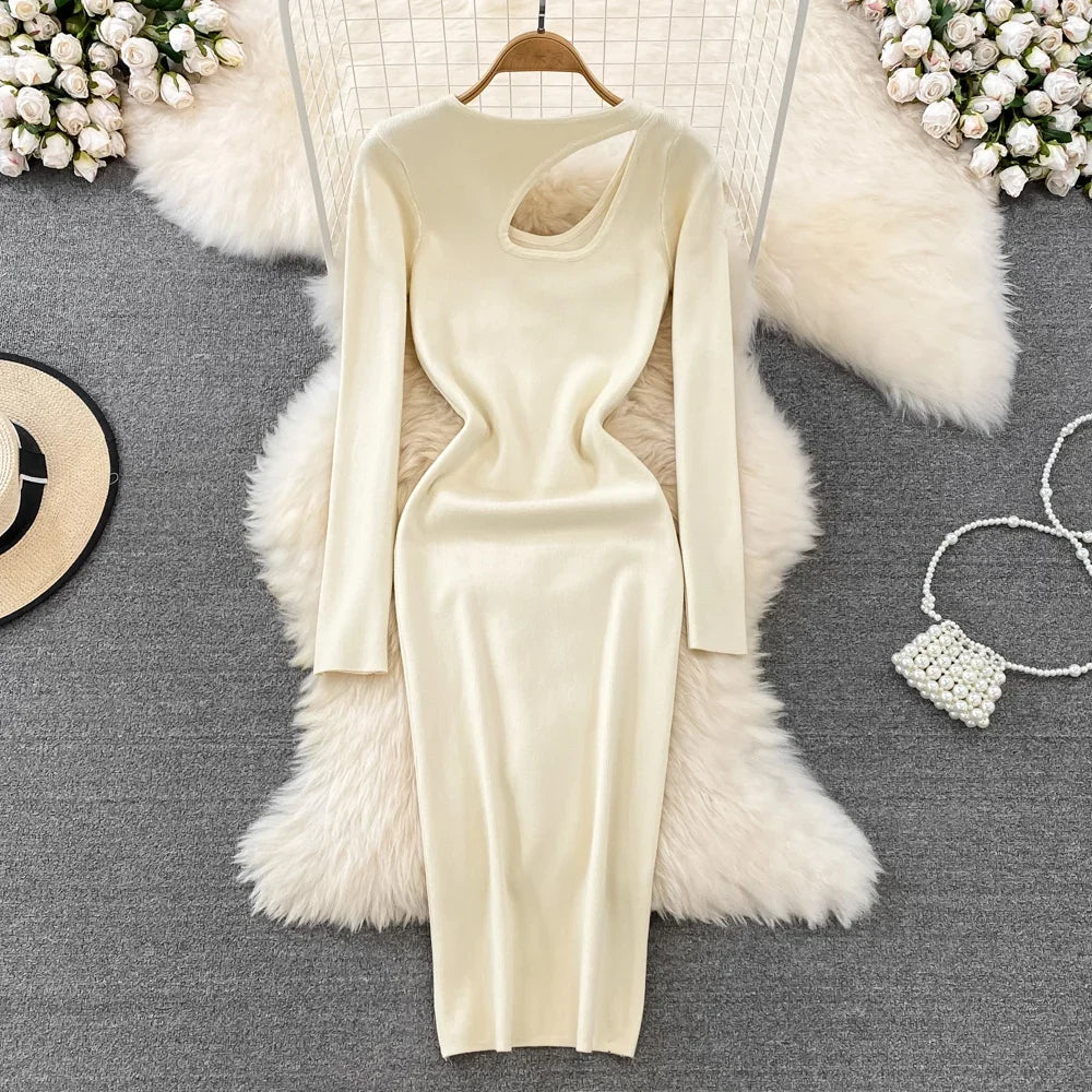 Irregular Women Knitted Pencil Dress Korean Long Sleeve o Neck Elastic Slim Dress Autumn Winter Sexy Bodycon Warm Sweater Dress