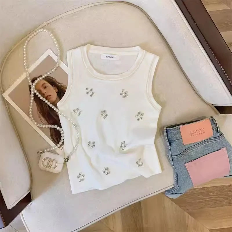New Beading Slim Knit Vests Women Crop Tops 2025 Summer Sleeveless O-neck Knitwear Pullover Elegant Vintage Stylish Vests
